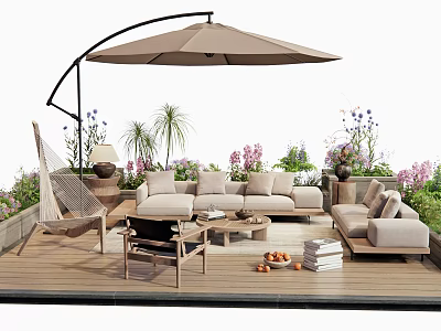 Comfortable Outdoor Sofa Set On Wooden Deck With Patio Umbrella Hammock Chair And Greenery 3d model