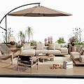 Comfortable Outdoor Sofa Set On Wooden Deck With Patio Umbrella Hammock Chair And Greenery