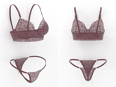 Burgundy Lace Women's Lingerie Set Featuring Bra and Panty 3d model