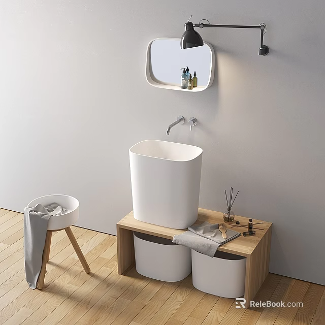 Modern Freestanding Washbasin On Wooden Stand With Wall Mirror And Storage Baskets 3d model 