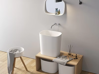 Modern Freestanding Washbasin On Wooden Stand With Wall Mirror And Storage Baskets 3d model