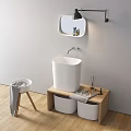 Modern Freestanding Washbasin On Wooden Stand With Wall Mirror And Storage Baskets
