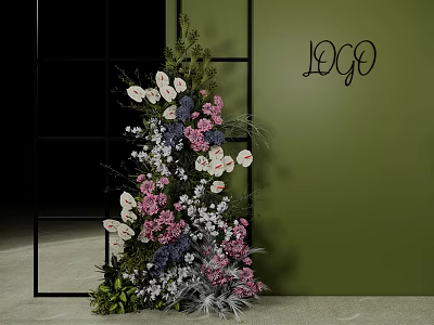 Vase Flowers Pink White Purple Floral Arrangement With Green Leaves Green Wall Black Frame 3d model