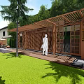 Garden Landscape Design Featuring Wooden Pergola With Screens Lawn And Stone Path