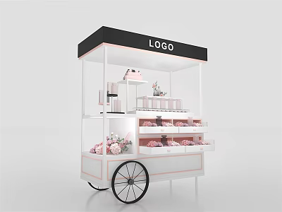 Functional Street Vending Cart With Logo Shelves And Decorative Flowers For Selling Items 3d model