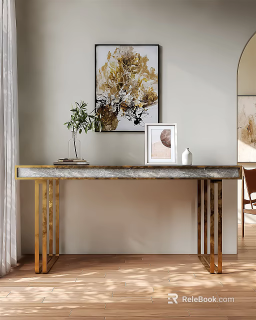 Modern Console Table With Golden Legs Marble Top And Green Plant On Wall Background 3d model 