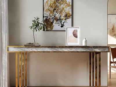 Modern Console Table With Golden Legs Marble Top And Green Plant On Wall Background 3d model