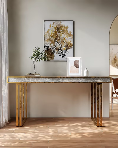 Modern Console Table With Golden Legs Marble Top And Green Plant On Wall Background 3d model