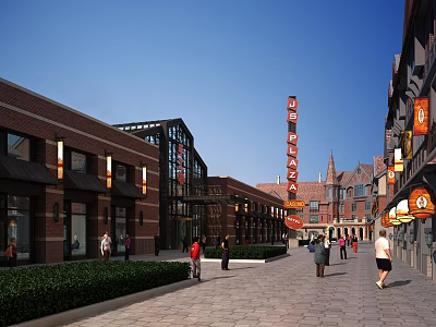 Vibrant Commercial Street With Red Brick Buildings Pedestrians Shops Street Lamps And LOVE Sign 3d model