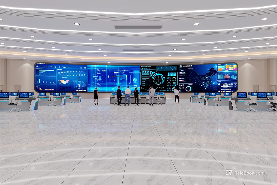 Modern Control Room With Large Digital Screens Multiple Data Displays And Operators 3d model