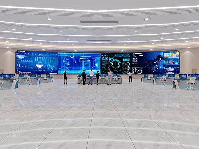 Modern Control Room With Large Digital Screens Multiple Data Displays And Operators 3d model