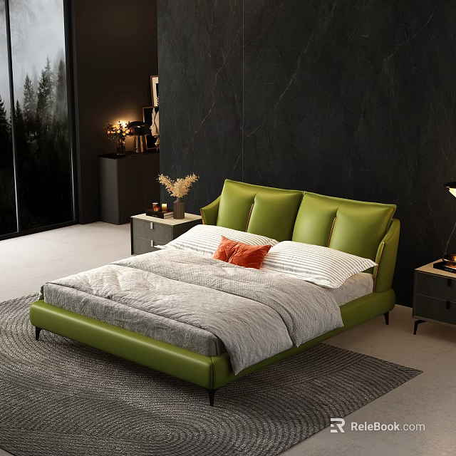 Modern Green Leather Double Bed With Gray Bedding Orange White Pillows Nightstands Lamps Window Trees 3d model 