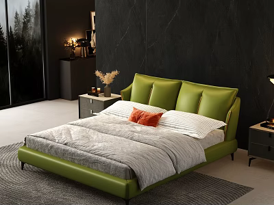 Modern Green Leather Double Bed With Gray Bedding Orange White Pillows Nightstands Lamps Window Trees 3d model
