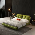 Modern Green Leather Double Bed With Gray Bedding Orange White Pillows Nightstands Lamps Window Trees