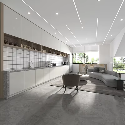 Modern Living Area Interior With Sofa Armchair Area Rug Window View Open Layout White Cabinets 3d model