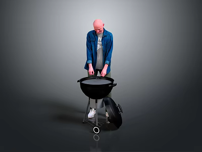 Man Preparing Food On Black Outdoor Grill With Wheels And Lid 3d model