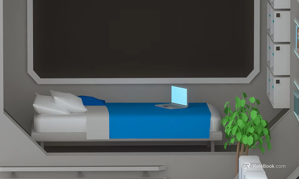 Modern Bedroom Interior With Blue Bedspread Laptop On Bed And Green Plant 3d model 