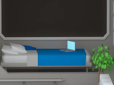 Modern Bedroom Interior With Blue Bedspread Laptop On Bed And Green Plant 3d model