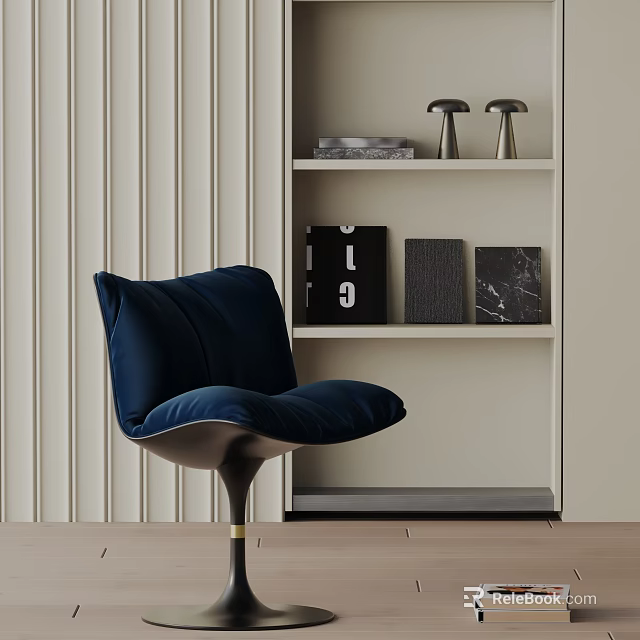 Navy Blue Velvet Dining Chair With Modern Design Against Paneled Wall And Wooden Floor 3d model 
