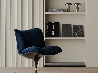 Navy Blue Velvet Dining Chair With Modern Design Against Paneled Wall And Wooden Floor 3d model