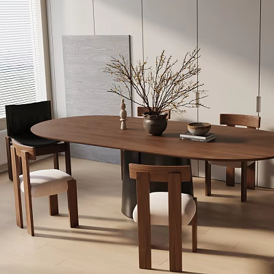 Wooden Dining Table Set With Chairs Vase And Branches In Modern Interior 3d model