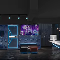 Modern Shop Front Desk With Neon Lights Digital Screen And Circular Pattern Wall Design 3d model