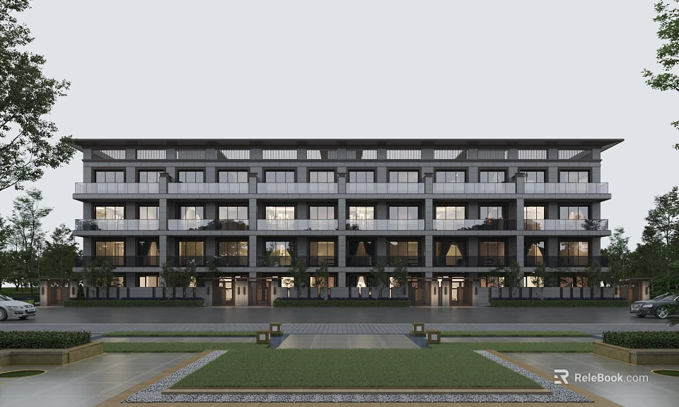 Modern Townhouses Exterior Design With Balconies Large Windows And Front Greenery 3d model 