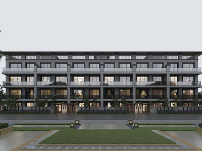 Modern Townhouses Exterior Design With Balconies Large Windows And Front Greenery 3d model