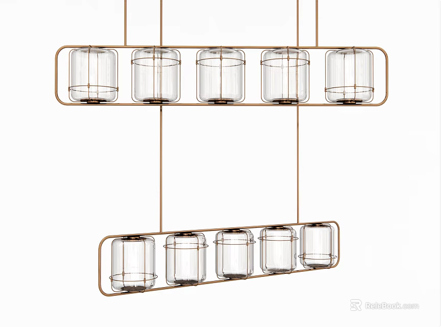 Modern Double Row Chandelier With Metal Frame And Transparent Glass Shades 3d model 