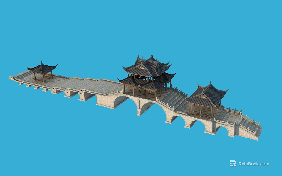 Traditional Chinese Stone Bridge With Multiple Pavilions And Black Roofs Design 3d model 