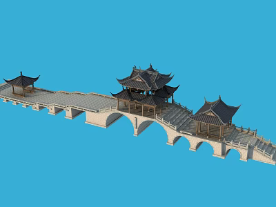 Traditional Chinese Stone Bridge With Multiple Pavilions And Black Roofs Design 3d model