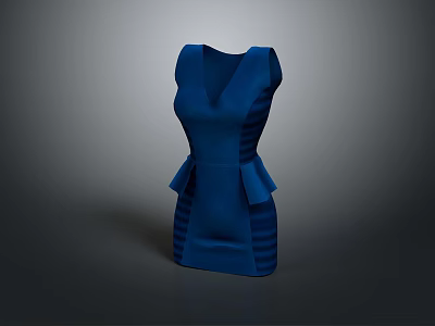 Stylish Blue Sleeveless V Neck Fitted Waist Peplum Hem Women's Dress Design 3d model