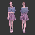 Woman In Blue Sweater And Plaid Skirt With White High Heels Front Back Views