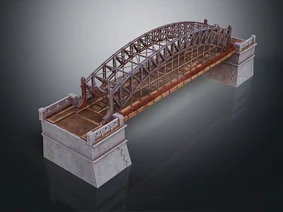 Metal Frame Arch Bridge Structure With Concrete Piers And Wooden Deck 3d model