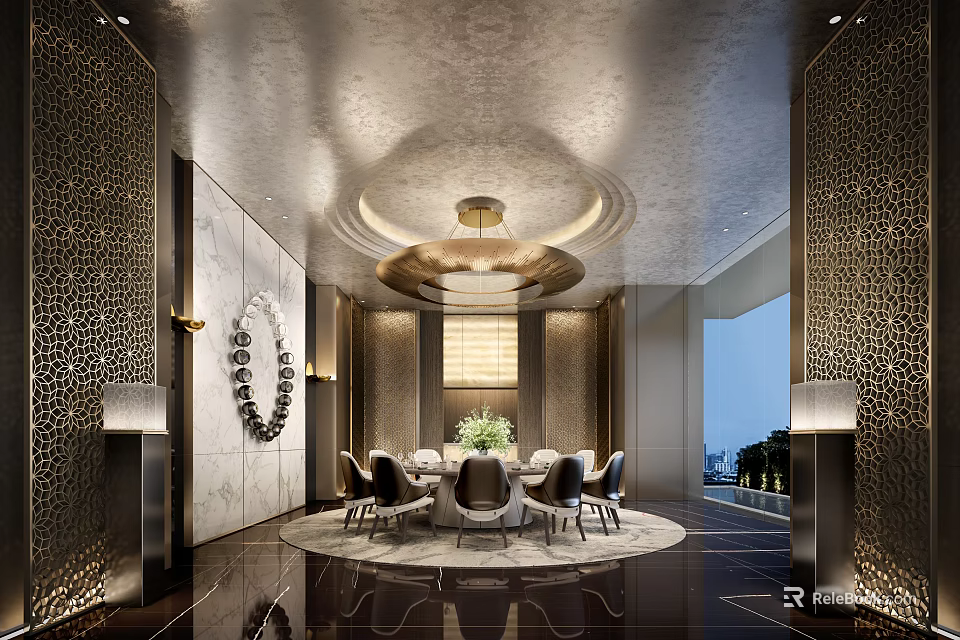 Elegant Luxurious Restaurant Interior Design With Round Dining Table Chandelier Ambient Lighting And Decorative Walls 3d model 