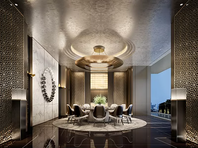 Elegant Luxurious Restaurant Interior Design With Round Dining Table Chandelier Ambient Lighting And Decorative Walls 3d model