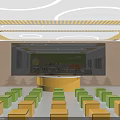 School Lounge Area With Wooden Walls Green Backdrop Round Ceiling Lights And Colorful Seating