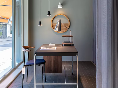 Modern Home Office Desk With Natural Light Round Mirror And Hanging Lights 3d model