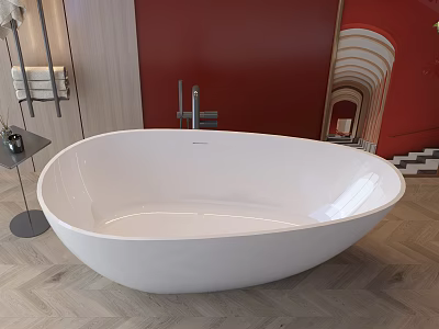 Stylish Bathroom Interior With White Freestanding Bathtub Red Wall And Herringbone Wooden Floor 3d model