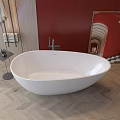 Stylish Bathroom Interior With White Freestanding Bathtub Red Wall And Herringbone Wooden Floor