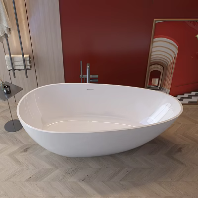 Stylish Bathroom Interior With White Freestanding Bathtub Red Wall And Herringbone Wooden Floor 3d model