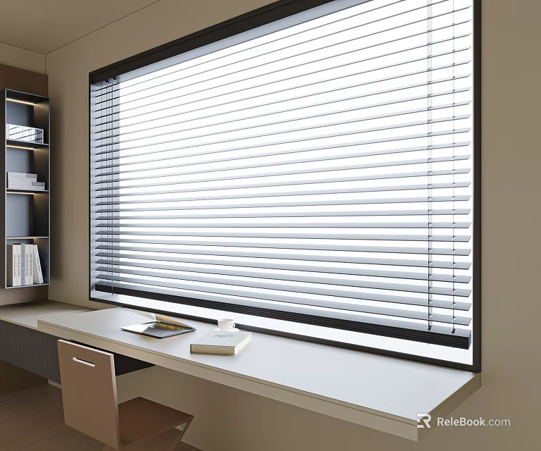 Modern Window Blinds in Bright Study Workspace with Desk and Bookshelf 3d model 