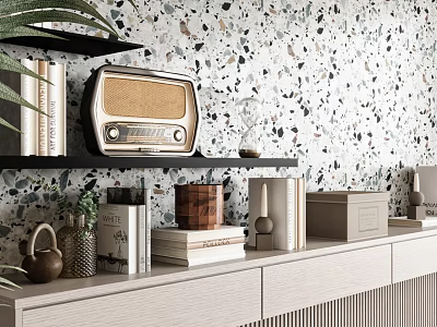 Decorative Ornament Set on Black Shelves with Vintage Radio Books Plant Jars and Speckled Wall 3d model