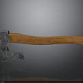 Vintage Weapon Axe With Metal Head And Wooden Handle On Reflective Dark Surface