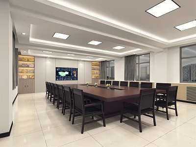 Modern Conference Room Setup With Long Table Black Chairs Large Screen Windows And Ceiling Lights 3d model