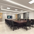 Modern Conference Room Setup With Long Table Black Chairs Large Screen Windows And Ceiling Lights 3d model