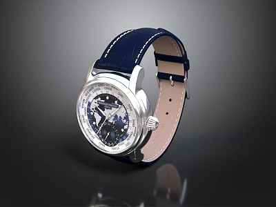 Stylish Watch With Blue Leather Strap Transparent Dial And Silver Case 3d model