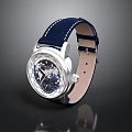 Stylish Watch With Blue Leather Strap Transparent Dial And Silver Case