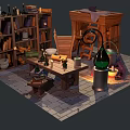 Cartoon Alchemist Workshop Scene With Bookshelf Wooden Table Chair Distillation Apparatus Bottles Bowls And Bread
