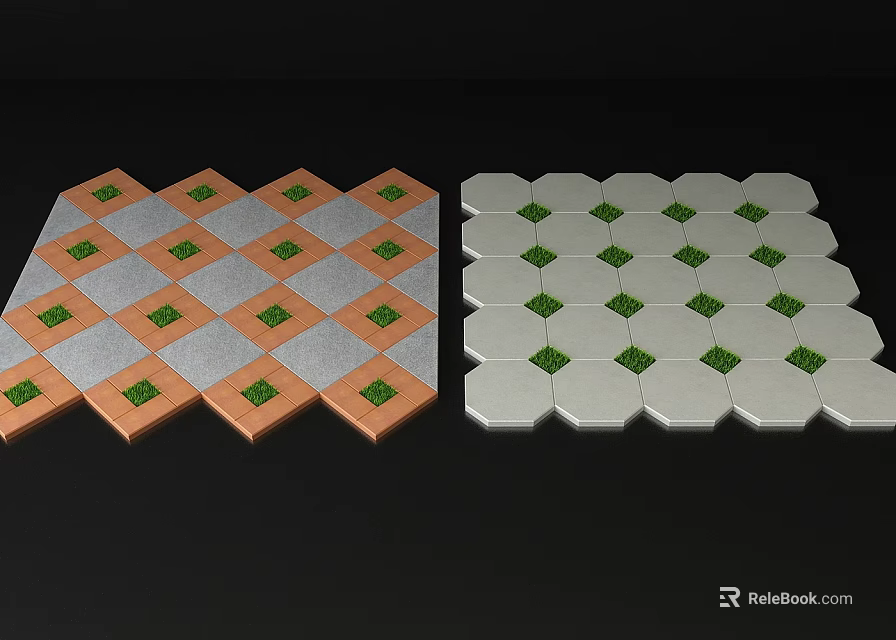 Small Green Plants In Hexagonal Pattern With Orange And White Decorative Tiles 3d model 